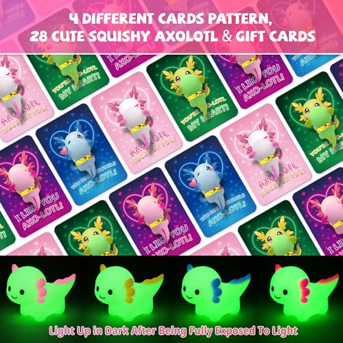 Gocozer 28Pack Glow in the Dark Axolotl Valentines Cards for Kids Classroom Axolotl Squishies Mochi Valentine Gifts for Kids Class Animal Mochi Squishy Toys for School Valentines Day Exchange Gifts - Image 5