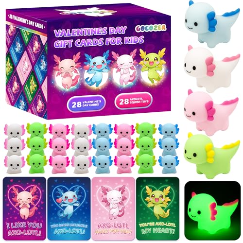 Gocozer 28Pack Glow in the Dark Axolotl Valentines Cards for Kids Classroom Axolotl Squishies Mochi Valentine Gifts for Kids Class Animal Mochi Squishy Toys for School Valentines Day Exchange Gifts - Image 1