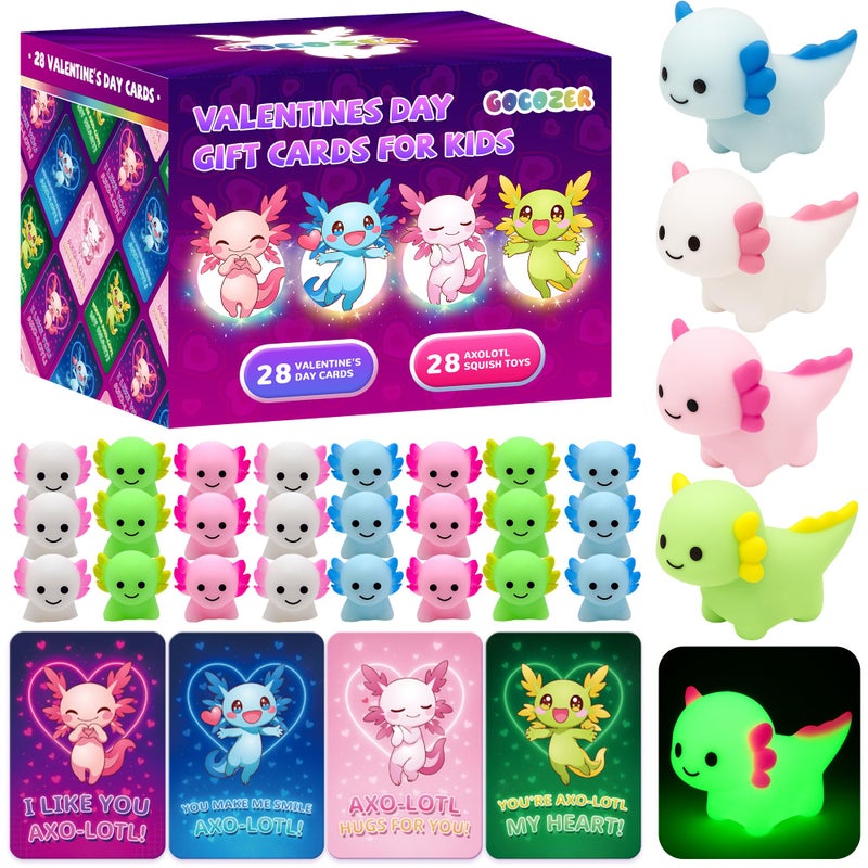 Gocozer 28Pack Glow in the Dark Axolotl Valentines Cards for Kids Classroom Axolotl Squishies Mochi Valentine Gifts for Kids Class Animal Mochi Squishy Toys for School Valentines Day Exchange Gifts - Image 3