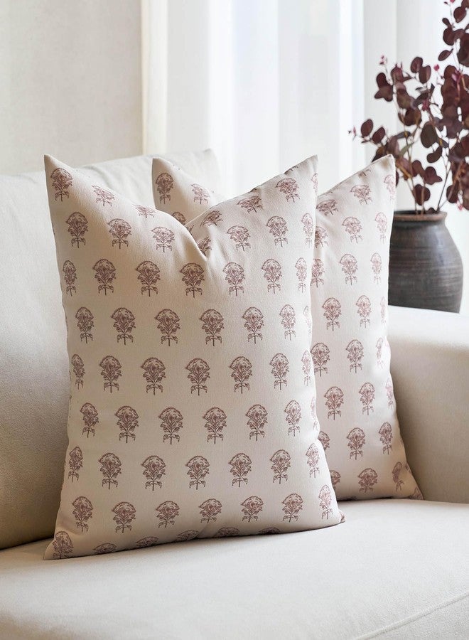 Amor Virisso Set of 2 Floral Block Print Pillow Covers 18x18 Inch, Vintage Flower Decorative Throw Pillowcases Neutral Accent Farmhouse Pillows Home Decor for Sofa Couch Bed, Brown - Image 1