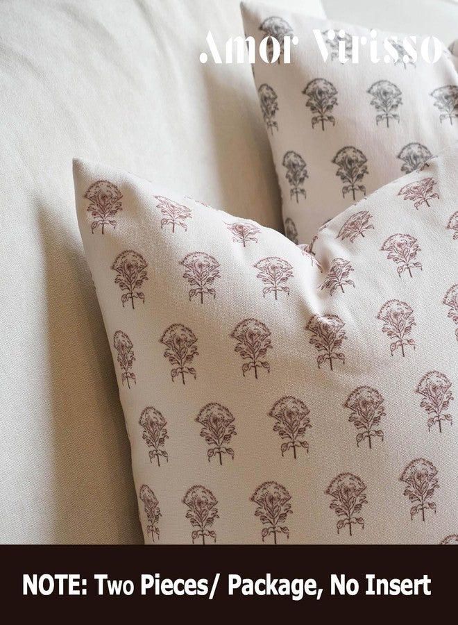 Amor Virisso Set of 2 Floral Block Print Pillow Covers 18x18 Inch, Vintage Flower Decorative Throw Pillowcases Neutral Accent Farmhouse Pillows Home Decor for Sofa Couch Bed, Brown - Image 4