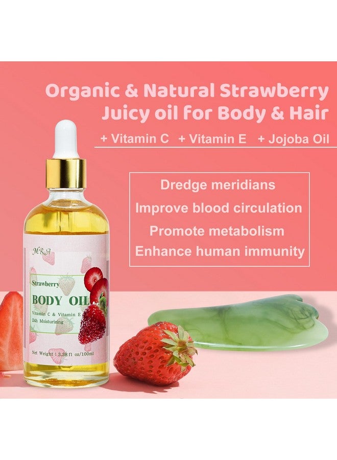 MR.A عبوة من زيت الجسم برائحة عصير الفراولة، زيت الجسم بفيتامين E بعد الاستحمام مع زيت الجوجوبا، زيت الاستحمام المرطب للجسم برائحة كعكة الفراولة للبشرة الجافة، زيت التدليك وزيت غواشا مع أداة غواشا - Image 2