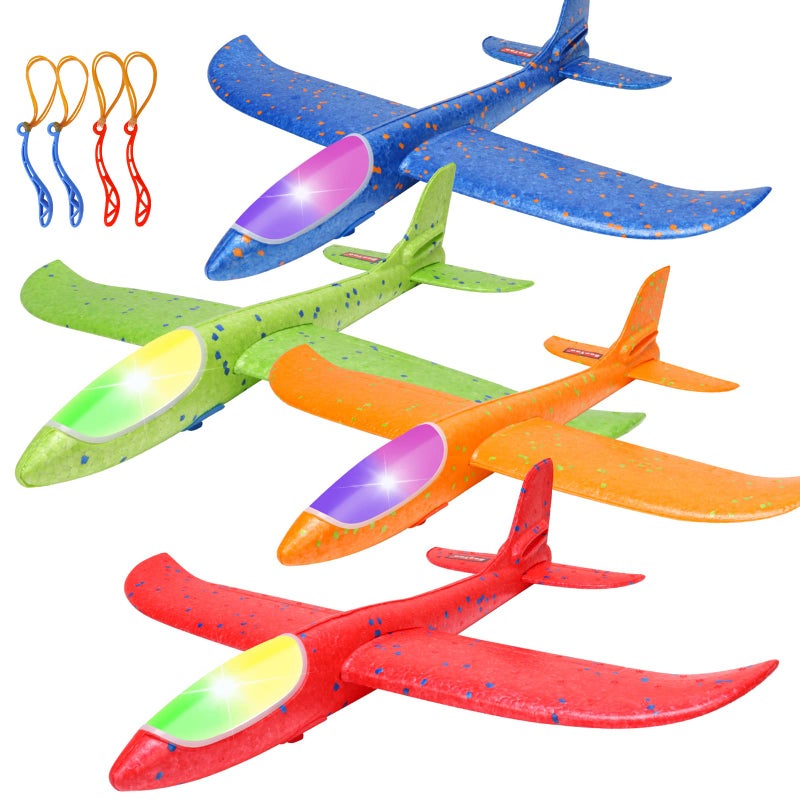 BooTaa 4 Pack LED Foam Airplane,17.5" Large Throwing Foam Plane, 2 Flight Mode Glider, Flying Toy for Kids, Gifts for 3 4 5 6 7 8 9 Years Old Boy, Outdoor Sport Toys Birthday Party Favors - Image 1