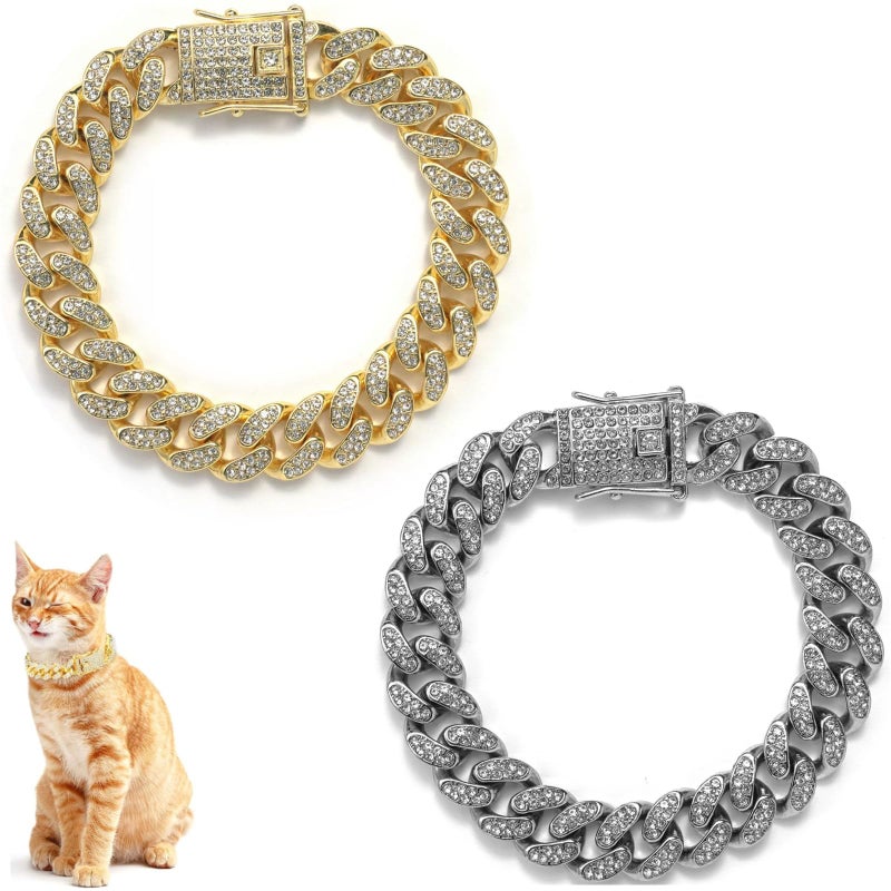DKJEkdje Cat Chain Collar, 2 Pcs Diamond Cuban Link Kitten Walking Collar with Secure Buckle Pet Rhinestones Necklace Metal Chain Jewelry Accessories for Cats Dogs Kittens Puppies 8inch, Gold and Slivery - Image 1