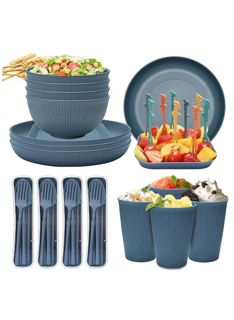 SYOSI 48pcs Unbreakable Dinnerware Sets for 4 People, Camping Plates and Bowls Set, Plastic Picnic Dinner Sets, Lightweight Colorful BBQ Plastic Serving Plates, Bowls, Cups,Cutlery, Forks,Tableware(Blue) - Image 1