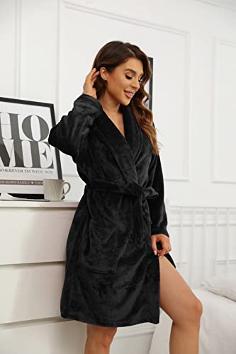 U2SKIIN Women Fleece Robe, Short Cozy Plush Robes for Womens Soft Shawl Collar Warm Spa Bathrobe(Black, S/M) - Image 4