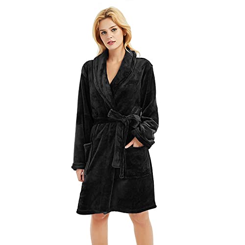 U2SKIIN Women Fleece Robe, Short Cozy Plush Robes for Womens Soft Shawl Collar Warm Spa Bathrobe(Black, S/M) - Image 3