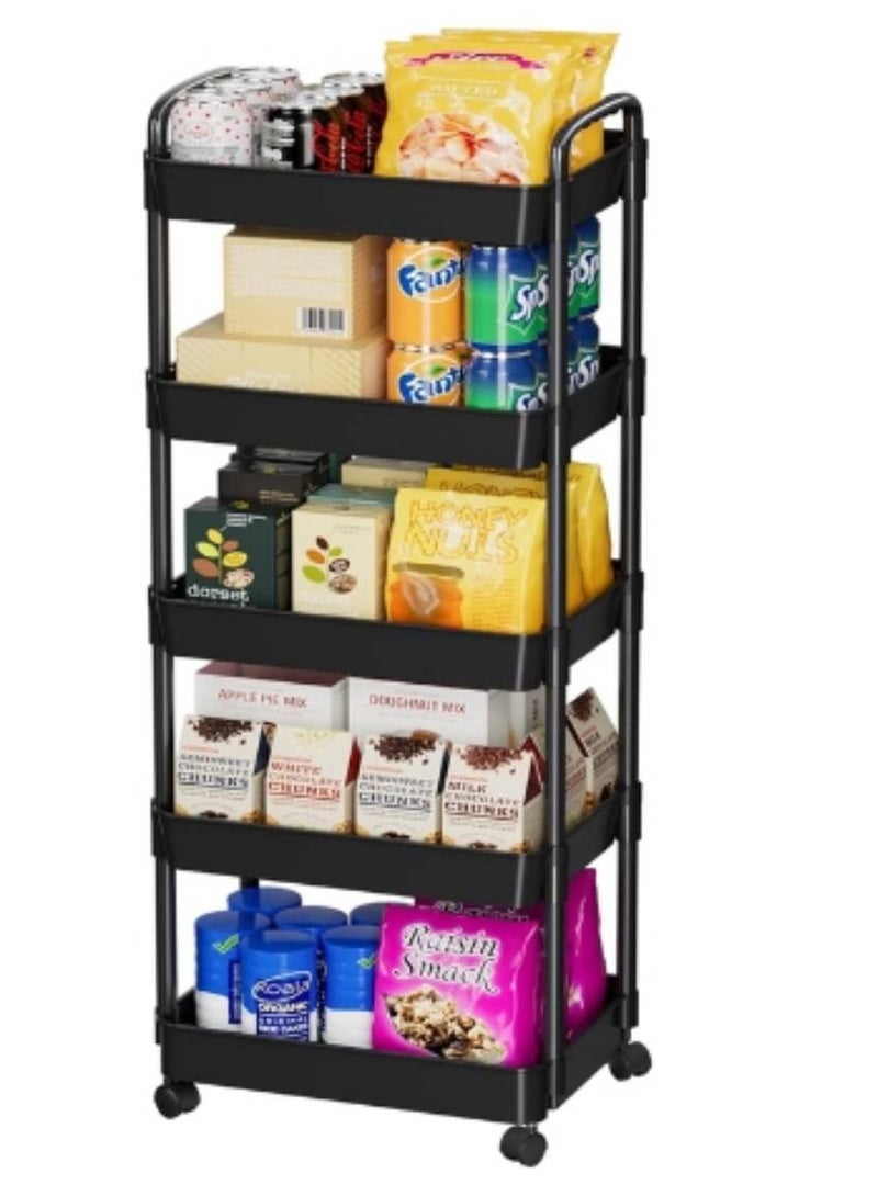 Rolling Cart with Lockable Wheels,Multifunctional Storage Shelves with Handle, Mobile Shelving Unit Cart Kitchen Storage Organizer for Bathroom,Laundry,Living Room (Black, 5-Tier)