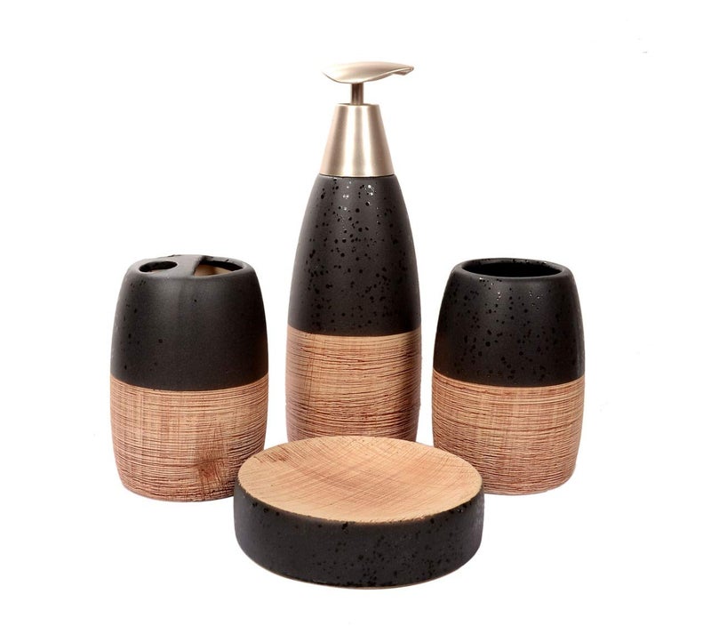 Skywalk Ceramic Bathroom Set of 4Pcs - Soap Dispenser, Beaker/Tumbler, Soap Dish, Brush Holder for Bathroom Décor and Home Gift Set