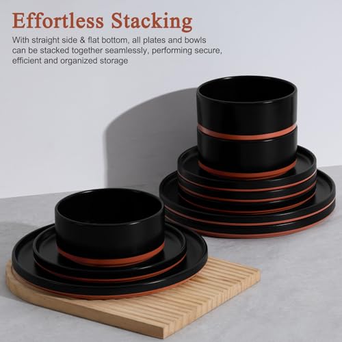 LIANYU Plates and Bowls Sets, 18 Pieces Stoneware Dinnerware Set for 6, Modern Kitchen Dinner Set Ceramic Dishware Dishes Set, Microwave and Dishwasher Safe, Charcoal Black - Image 5