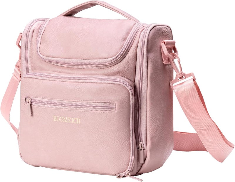 BOOMRICH Large Toiletry Bag for Women, Hanging Leather Travel Makeup Bag with 360° Hook and Shoulder Strap, Travel Organizer for Full Sized Container, Toiletries, Brushes (Pink)