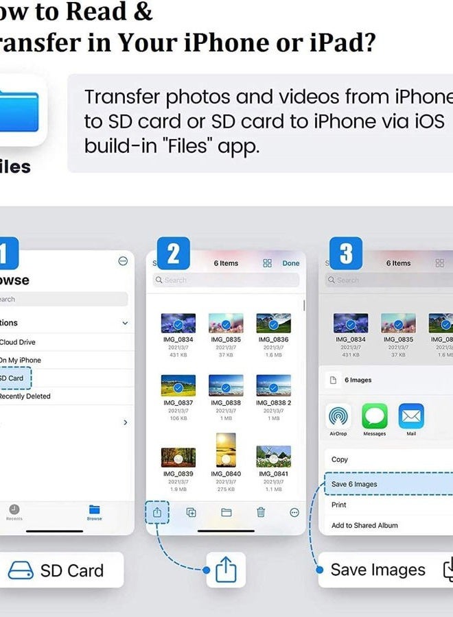 esbeecables Sd Card Reader for iPhone iPad Camera,[Apple MFi Certified] Dual Slot Lightning to SD/TF Card Camera Memory Card Reader Adapter for iPhone 14/13/12/11/X/XS/XR/8/7 iPad,Quickly Transfer Photos Videos - Image 5