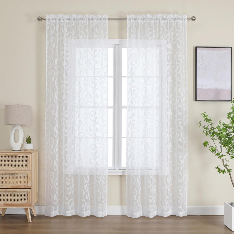 OWENIE Furman Sheer White Curtains 84 inches Long for Bedroom Living Room 2 Panels Set, White Curtains Jacquard Clip Light Filtering Semi Sheer Curtain Rod Pocket Window Drapes, 2 Pcs Each 40 W 84 L - Image 2