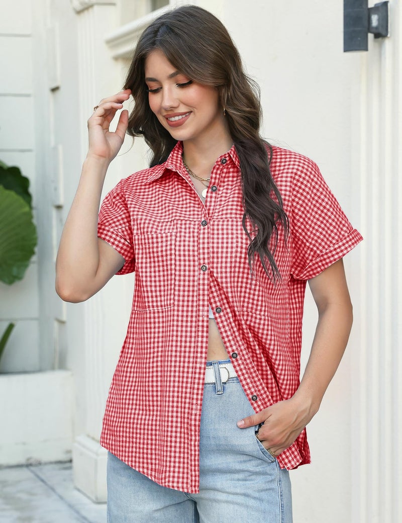 Kistore Short Sleeve Summer Tops for Women Casual Button Down Shirts Collared Striped Business Work Blouses Red Plaid Shirts XL - Image 2