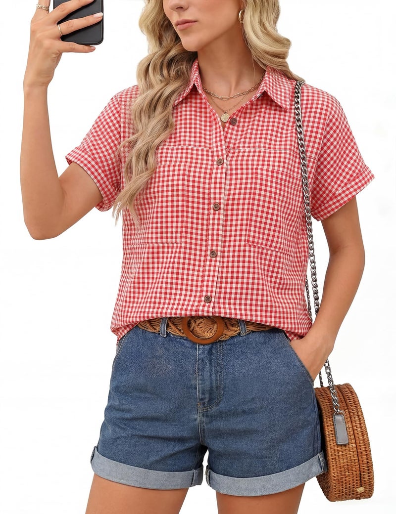 Kistore Short Sleeve Summer Tops for Women Casual Button Down Shirts Collared Striped Business Work Blouses Red Plaid Shirts XL - Image 1