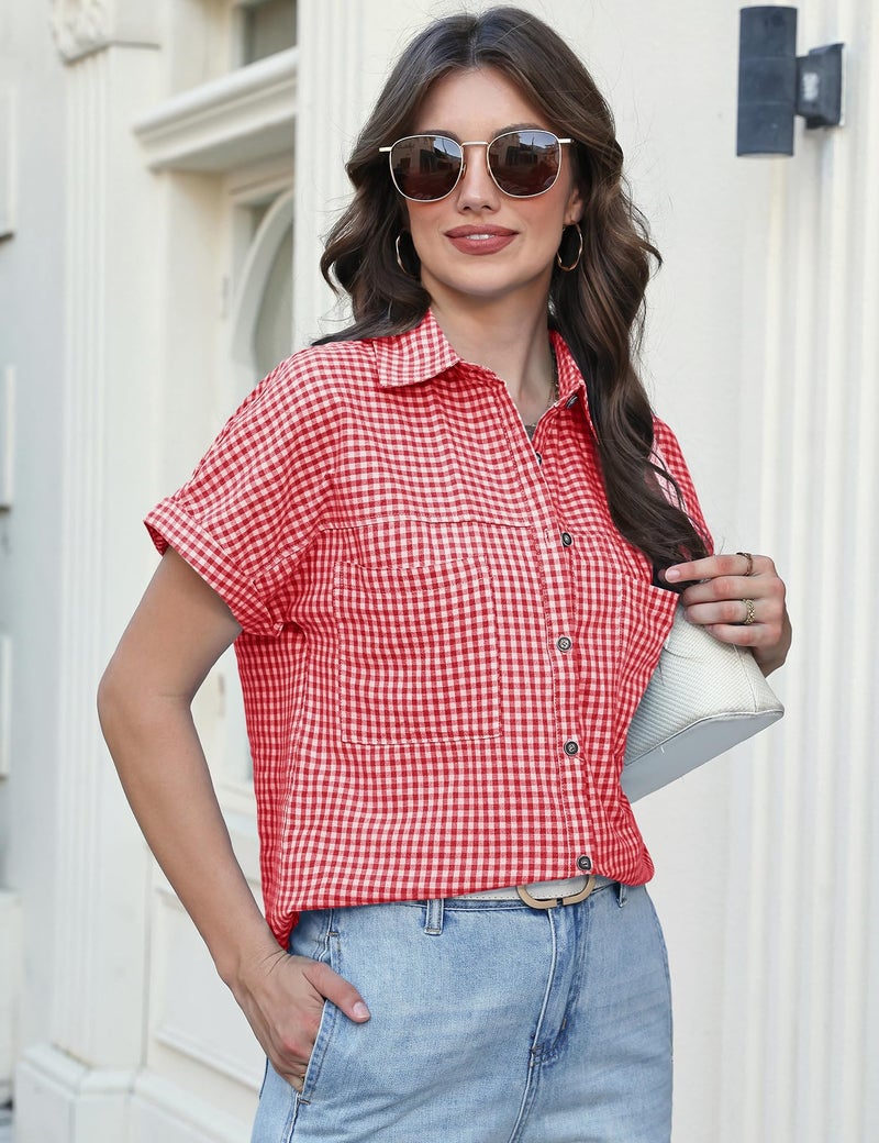 Kistore Short Sleeve Summer Tops for Women Casual Button Down Shirts Collared Striped Business Work Blouses Red Plaid Shirts XL - Image 5