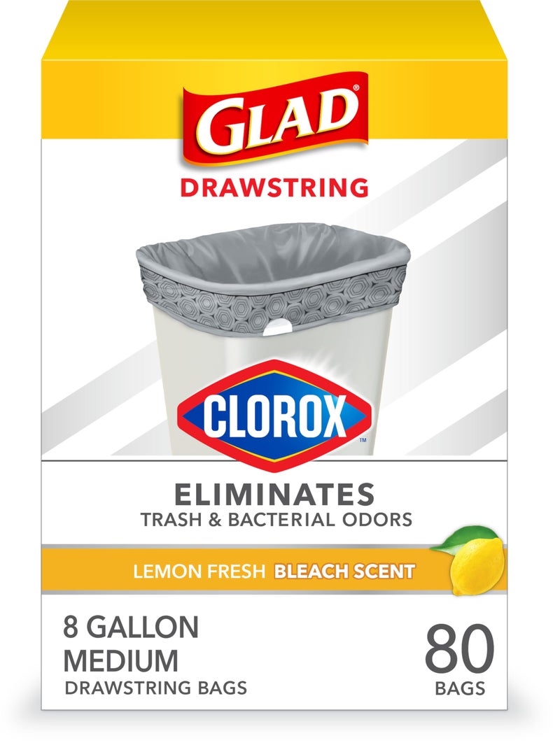 Glad Medium Trash Bags, 8 Gallon, Lemon Fresh Bleach Garbage Bags, Resists Bacterial Odors with Drawstring, 80 Count - Image 1