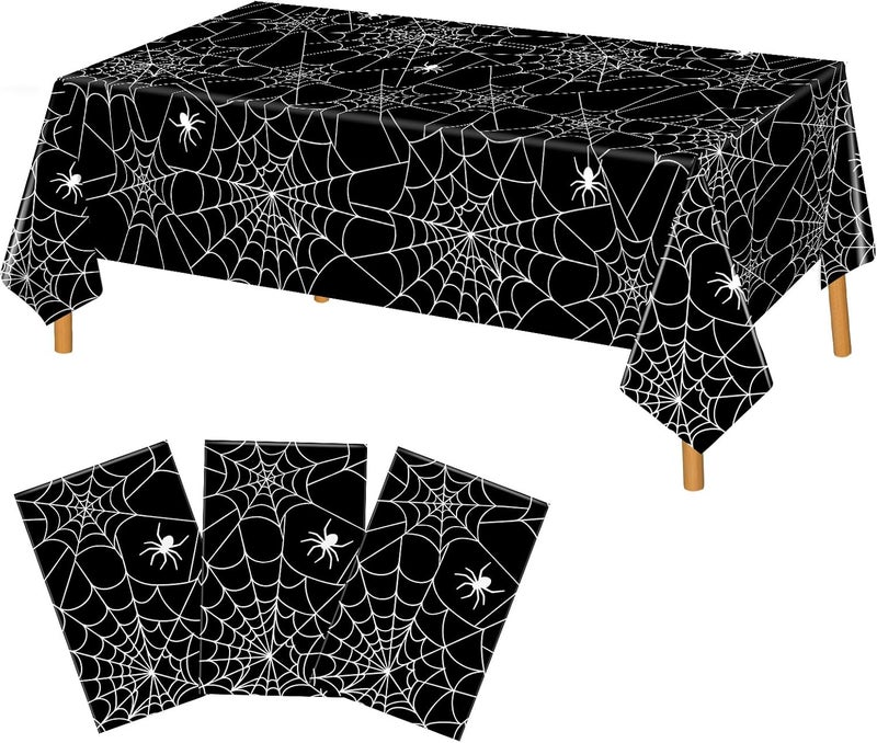 Lemicin 3 Pack Halloween Spider Web Tablecloths, Large Size Disposable Plastic Rectangular Black Spider Web Tablecloths for Home Decoration Halloween Table Party Decoration 54x108 Inch - Image 1