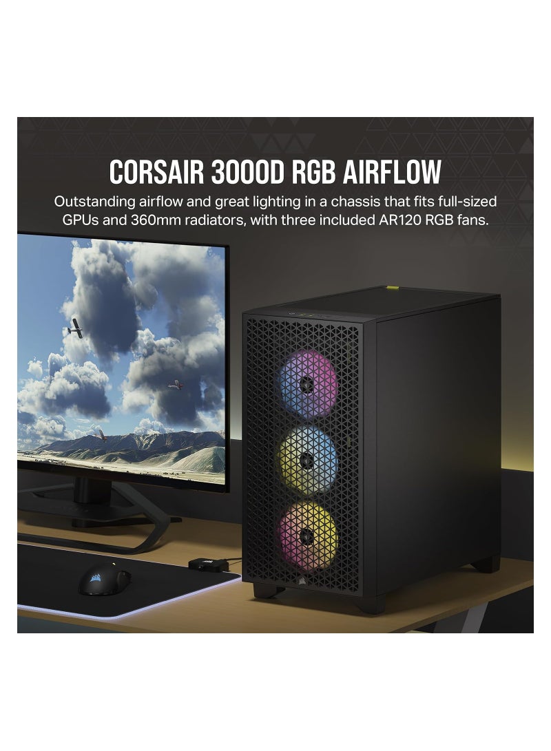 كورسير حافظة كمبيوتر متوسطة الحجم بتدفق هواء 3000D RGB - أسود - 3X مراوح AR120 RGB - دعم وحدة معالجة الرسومات رباعية الفتحات - تناسب ما يصل إلى 8X 120 مم من المعجبين - تصميم تدفق هواء عالي - Image 2