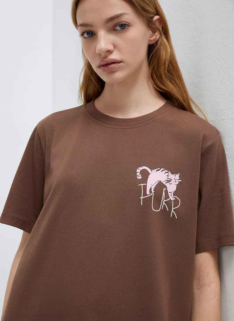 مافي Cat Printed Brown T-Shirt