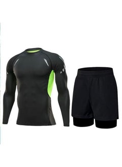 Swimwear Men's Anti-embarrassment Shorts Swimming Trunks Equipment Sunscreen Full Body Hot Spring Swimwear Men's Suit Summer-Color:Silk Green Long Sleeves + Double-layer Swimming Trunks -Size:L