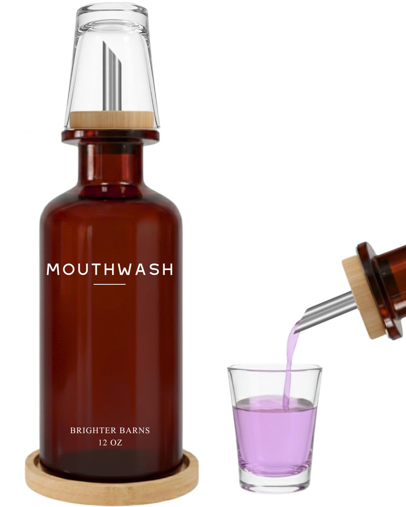 Brighter Barns Amber Glass Mouthwash Dispenser for Bathroom by Brighter Barns - Refillable Mouthwash Container and Glass Cup - Modern Mouth Wash Dispensers for Bathroom - Boho Decor for Office, Airbnb, Hotel (Amber) - Image 1