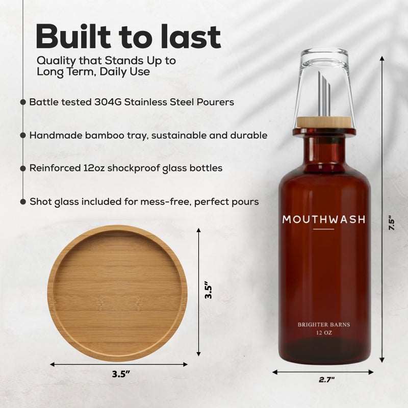 Brighter Barns Amber Glass Mouthwash Dispenser for Bathroom by Brighter Barns - Refillable Mouthwash Container and Glass Cup - Modern Mouth Wash Dispensers for Bathroom - Boho Decor for Office, Airbnb, Hotel (Amber) - Image 2