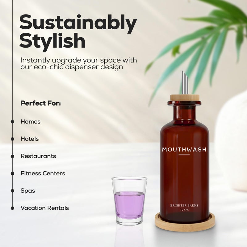 Brighter Barns Amber Glass Mouthwash Dispenser for Bathroom by Brighter Barns - Refillable Mouthwash Container and Glass Cup - Modern Mouth Wash Dispensers for Bathroom - Boho Decor for Office, Airbnb, Hotel (Amber) - Image 3