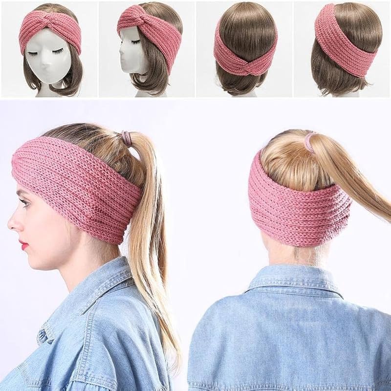 Richmen Winter Headband for Men and Women Head Wrap Soft Fleece Knitted Woolen Warm Hair Band Unisex Acrylic Skull Stretchy Earwarmer Earmuffs Hair Accessory(Pink) - Image 5