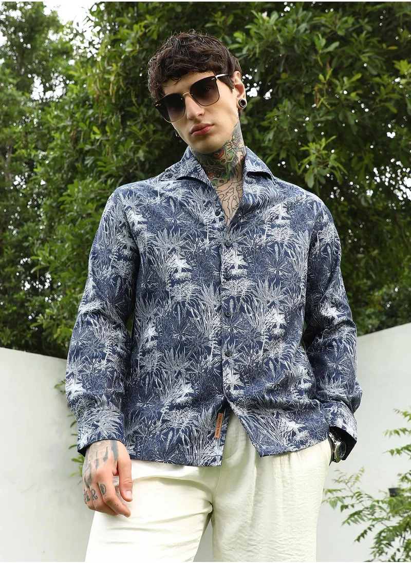 كامبوس سوترا Men's Navy Botanical Print Cotton Blend Shirt