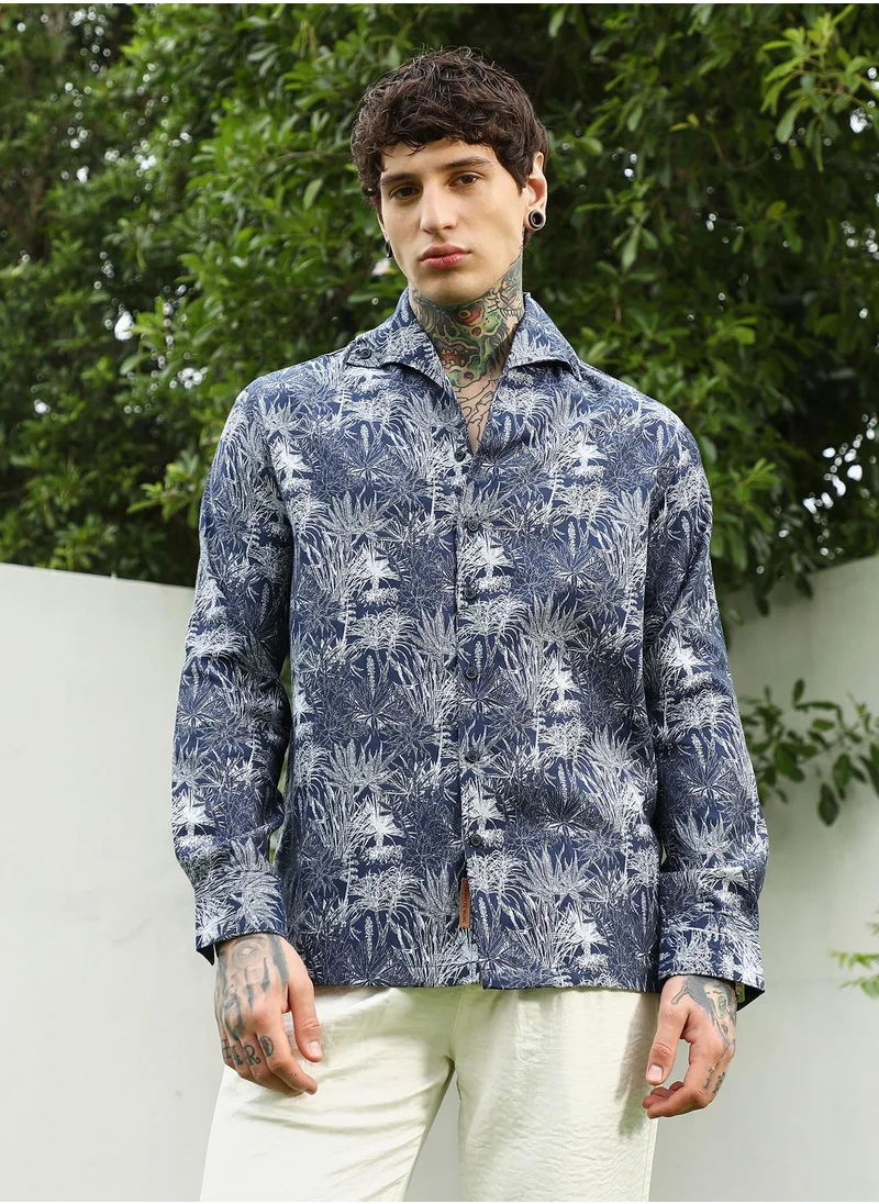 كامبوس سوترا Men's Navy Botanical Print Cotton Blend Shirt