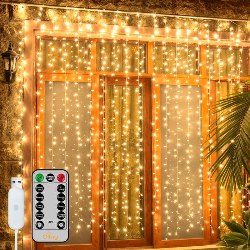 Ollny Curtain Lights 66x66ft 200 LED String Lights with Remote 8 Modes Dimmable Timer USB Power Fairy Light for Bedroom Backdrop Indoor Wall Window Wedding Decor Warm White
