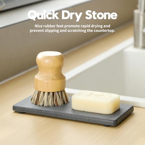 Razborci 3PCS Bathroom Sink Vanity Trays, Quick Stone Drying Mat Dish Soap Dispenser Sponge Holder for Kitchen Counter, Diatomaceous Earth Water Absorbing Caddy Organizer, Beige - Image 2
