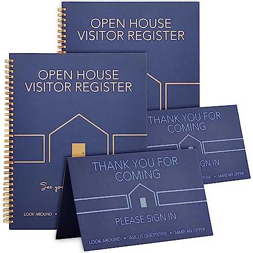 Juvale 2 Pack Sign in Book for Open House Visitors, Guest Registry with 2 Pack Realtor Tent Cards for Real Estate Agent Supplies, Home Sale Business (Navy Blue, 8.5x11) - Image 1