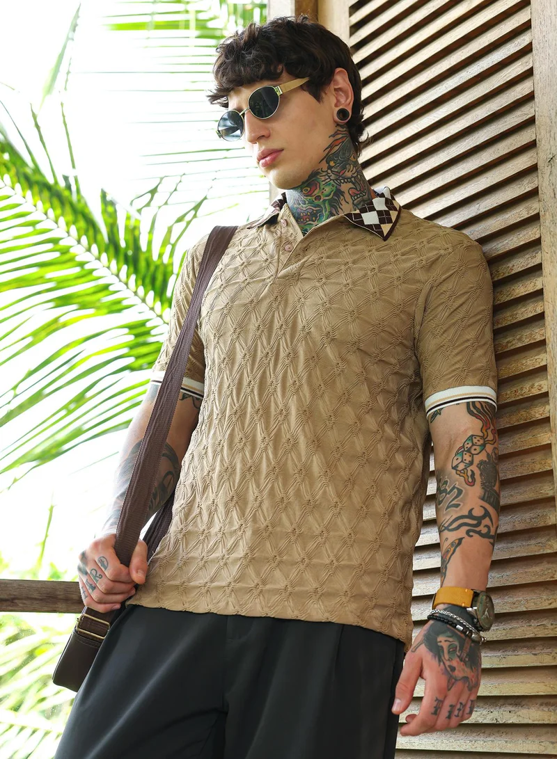 Men's Sand Beige Block Argyle-Knit Polo T-Shirt
