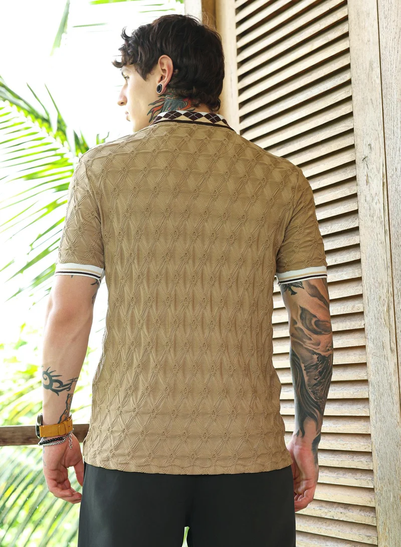 CAHOOT  Men's Sand Beige Block Argyle-Knit Polo T-Shirt for Men | Best Price UAE