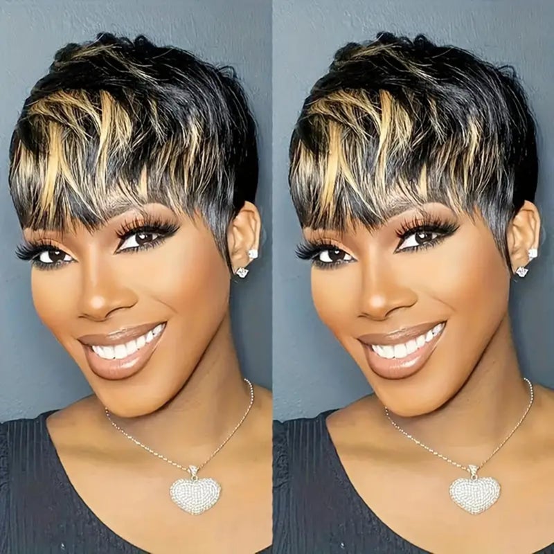 SAEIALL Short Pixie Cut Human Hair Wig for Black Women Black and Blonde Color Short Wig for Women Human Hair Layered Haircut Summer Wig Glueless Wigs with Bangs Quick Get Up and Go Wigs - Image 1