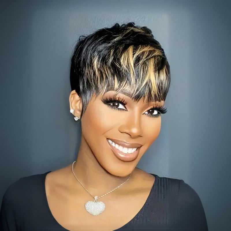 SAEIALL Short Pixie Cut Human Hair Wig for Black Women Black and Blonde Color Short Wig for Women Human Hair Layered Haircut Summer Wig Glueless Wigs with Bangs Quick Get Up and Go Wigs - Image 2