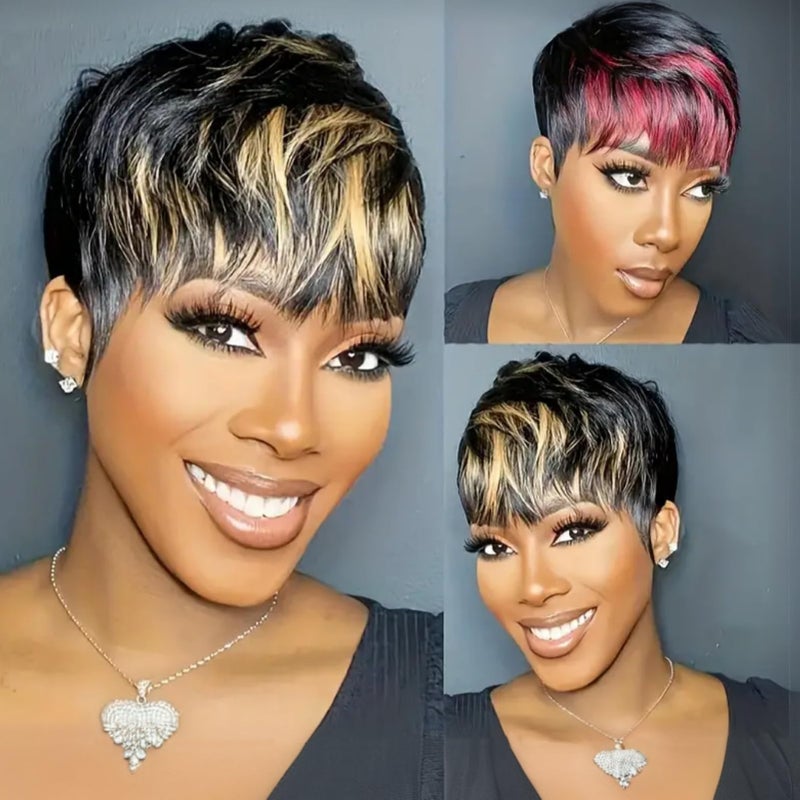 SAEIALL Short Pixie Cut Human Hair Wig for Black Women Black and Blonde Color Short Wig for Women Human Hair Layered Haircut Summer Wig Glueless Wigs with Bangs Quick Get Up and Go Wigs - Image 4