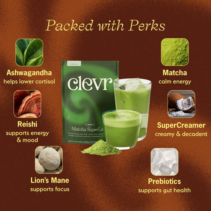 Clevr Blends Organic Matcha Green Tea Latte, Instant Ceremonial Grade, Superfood Powder Blend with Oat Milk, Lions Mane, Reishi Mushroom, Coconut Cream, Ashwagandha, Serve Hot or Iced, (14 Lattes) - Image 3