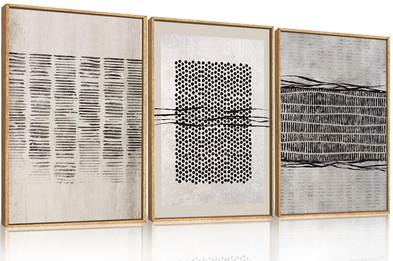 Aryroi Large Abstract Black and Beige Framed Canvas Wall Art,Minimalist Geometric Lines Wall Decor,Cozy Neutral Shapes Artwork,Modern Lines Dots Art Print for Living Room,Bedroom,Office- 16"x24"x3 - Image 1