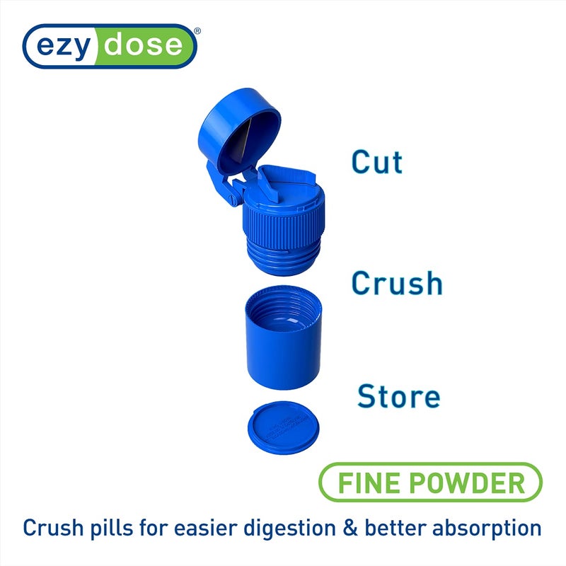 EZY DOSE 3 Compartment Pill Crusher, Cutter and Grinder, Daily Usage, Safely Cut Pills, Vitamins, Tablets, Accurate and Easy Cutting, Stainless Steel Blade, Removable Drinking Cup, Blue, BPA Free - Image 3