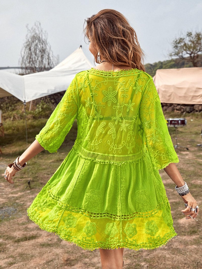 Eomenie Women's Contrast Lace Bathing Suit Cover Up V-Neck Swimsuit Coverups Loose Swimwear Beach Dress Beachwear Fluorescent Green - Image 2