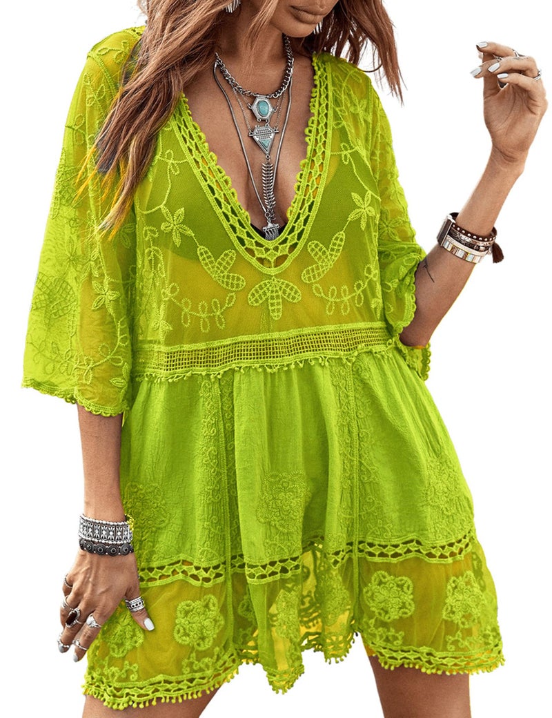 Eomenie Women's Contrast Lace Bathing Suit Cover Up V-Neck Swimsuit Coverups Loose Swimwear Beach Dress Beachwear Fluorescent Green - Image 1
