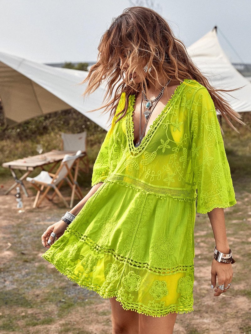Eomenie Women's Contrast Lace Bathing Suit Cover Up V-Neck Swimsuit Coverups Loose Swimwear Beach Dress Beachwear Fluorescent Green - Image 3