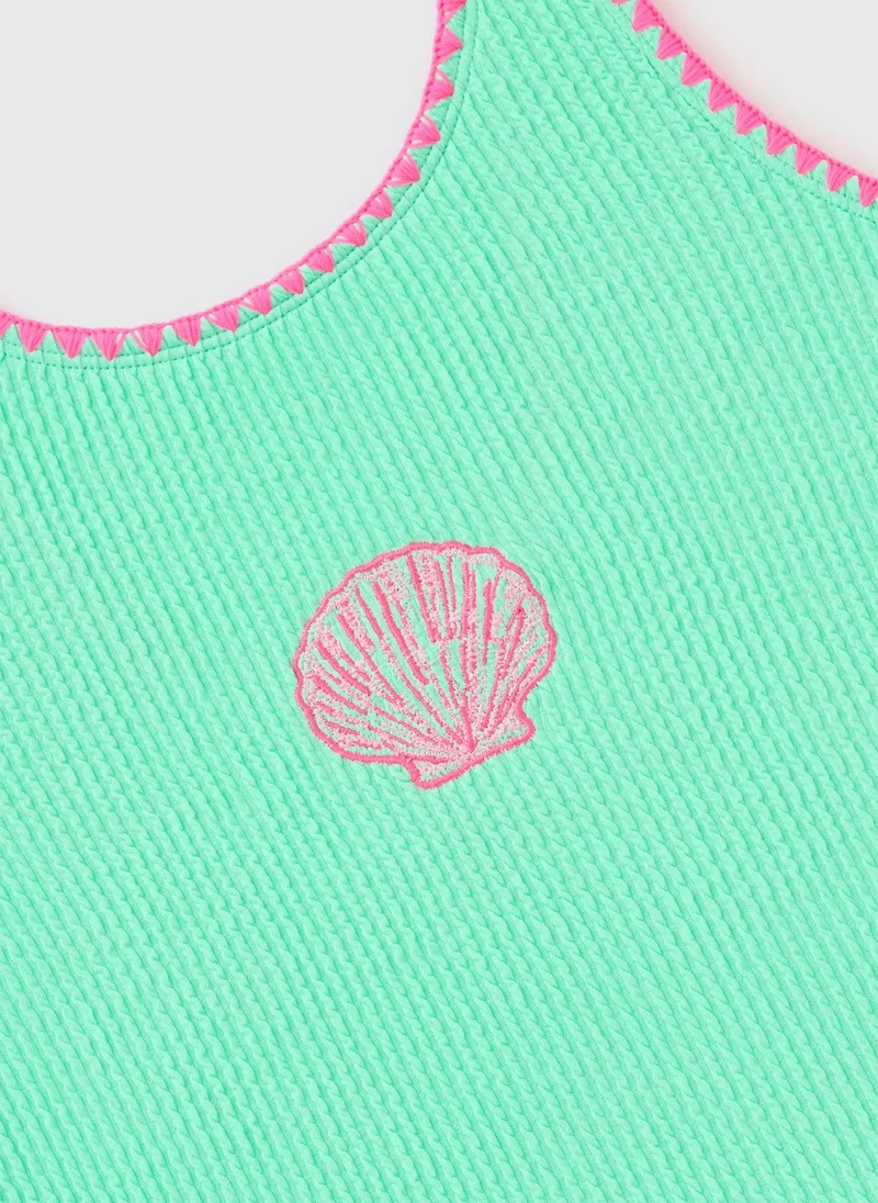ماتلان Girls Green Shell Crinkle Swimming Costume