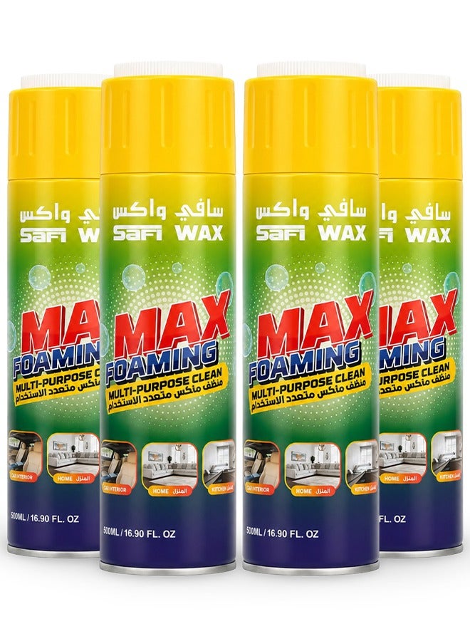 Safi WAX 4PCS Safi Wax Max Foaming Multi-Purpose Cleaner 500ML, Foam Cleaning Spray for Car Interior, Fabric, Upholstery, Sofa, Carpet, Kitchen & Home Surfaces, Stain Dirt Grease Cleaning Foam with Brush Cap - Image 1
