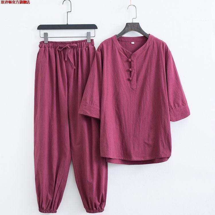 Summer Linen Chinese Style Mens Casual T-Shirt Set wine red [jacket pants]] 