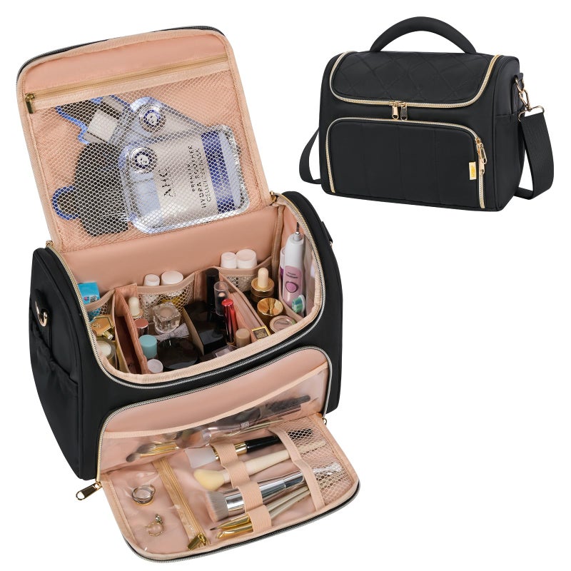 GR69N Travel Toiletry Bag Large Cosmetic Makeup Bag Organizer for Women,Wide-open Make Up Bag Waterproof Makeup Case Travel Bag with Handle and Dividers for Toiletries,Essentials,Accessories,Black - Image 1
