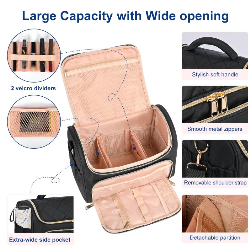 GR69N Travel Toiletry Bag Large Cosmetic Makeup Bag Organizer for Women,Wide-open Make Up Bag Waterproof Makeup Case Travel Bag with Handle and Dividers for Toiletries,Essentials,Accessories,Black - Image 2
